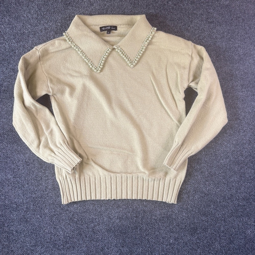 Twelfth Love Sweater Womens Large Beige Ribbed Knit Pearl Collar Winter‎ Wear